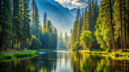 Aerial view of water flowing over forest in valley