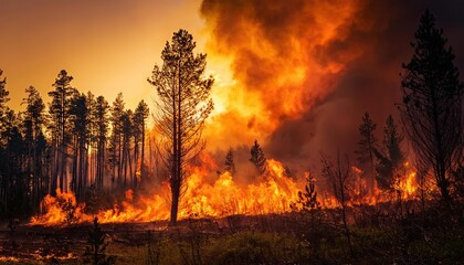Fototapeta premium forest fire disaster. Heavy and thick smoke covers the sky and sunlight. A strong fire spreads through the forest