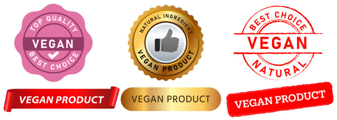 Vegan vegetable stamp colorful badges product best choice top quality organic vegetarian food sign sticker label design set collection illustration