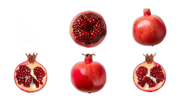 Melograni dall'alto- Sei set di melograni su uno sfondo bianco. Ogni set include un mel_1(218)