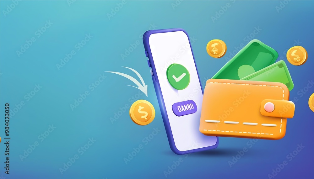 Poster A digital wallet with a phone, showing a transaction and floating coins, symbolizing modern payments.