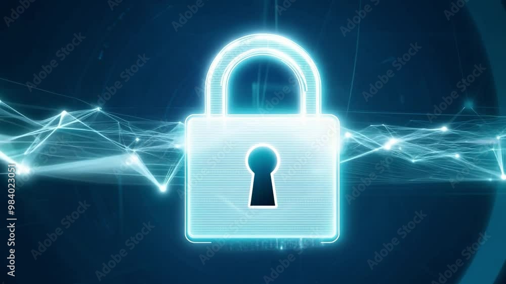 Fototapete The image showcases a luminous padlock representing digital security, surrounded by abstract lines and patterns, emphasizing the importance of data protection in technology.