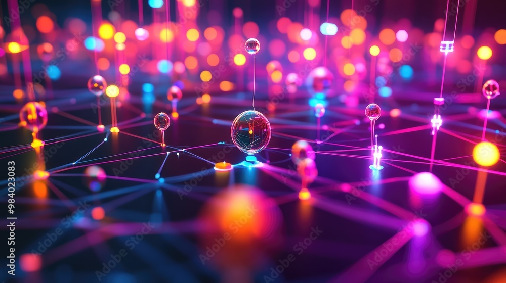 Fototapete vibrant 3d cartoon cables and nodes lighting up as they form a digital web of connections between ca