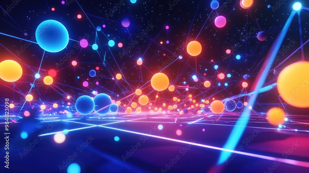 Fototapete vibrant 3d cartoon cables and nodes lighting up as they form a digital web of connections between ca