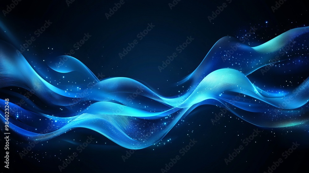Wall mural abstract glowing wave lines on a dark blue background, featuring a dynamic wave pattern.