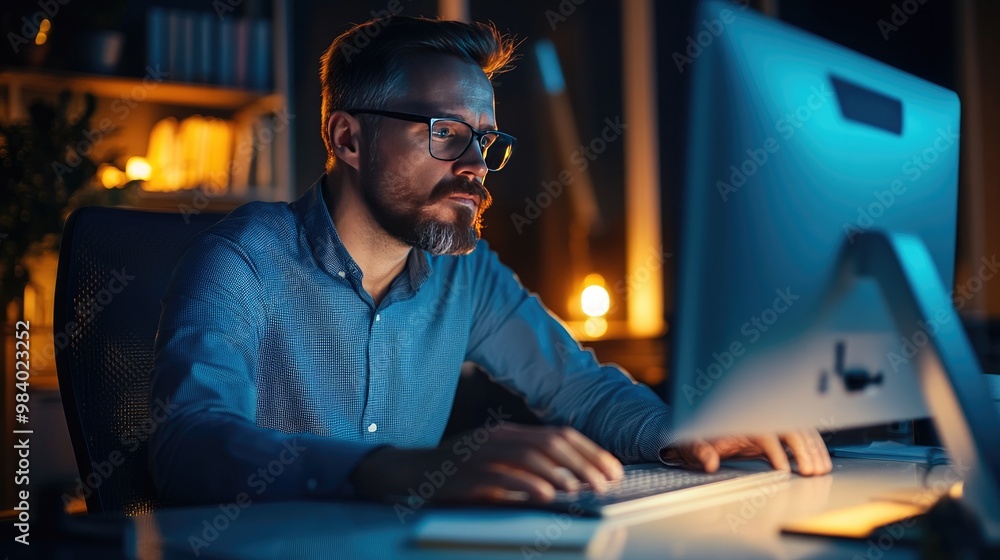 Poster a high-res image of a business professional working diligently at their computer, illuminated by the