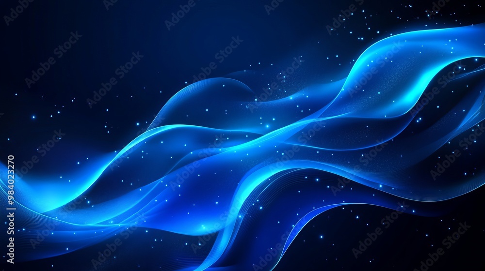 Wall mural abstract glowing wave lines on a dark blue background, featuring a dynamic wave pattern.