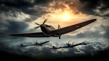 Fototapeta premium A Squadron of Vintage Fighter Planes Soar Through Dramatic Skies, Illuminated by the Setting Sun