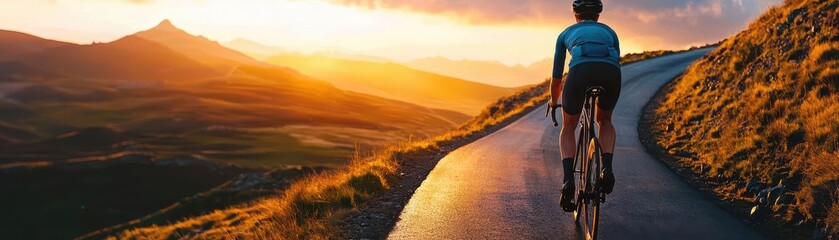 A cyclist climbing a steep mountain road at sunrise