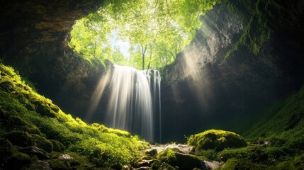 8k photo of a breathtaking waterfall cascading amidst a lush green forest, with sunlight filtering through the canopy