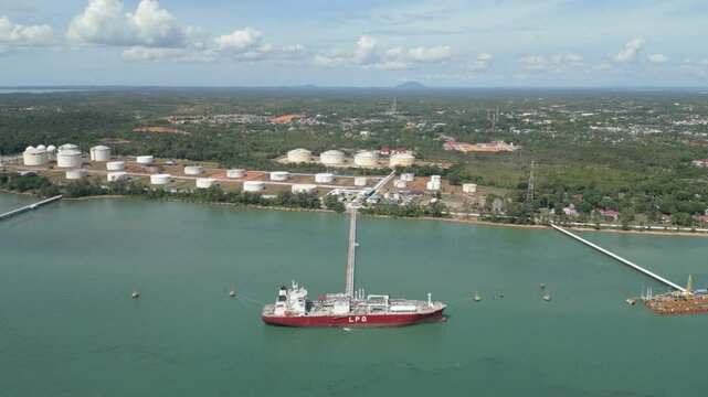 Aerial view of the jetty at Pertamina Tanjung Uban port