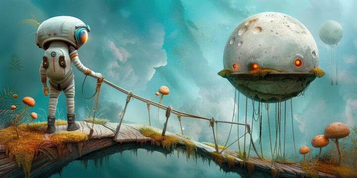 Magnetic fields hold floating islands with strange plants, glowing bridges, and a lone explorer in a spacesuit, suspended in an otherworldly mystical setting.