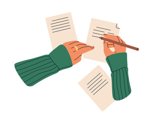 Hands writing on paper with pencil, top view. Female student with pen, composing essay, letter, taking notes, recording synopsis, studying. Flat vector illustration isolated on white background