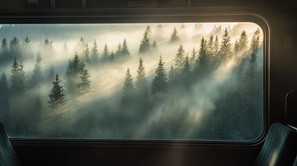 Obraz premium Misty forest landscape with sun rays streaming through trees, viewed from a train window