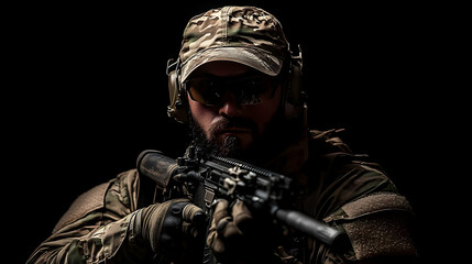 A Close-Up Portrait of a Soldier in Camouflage Uniform and Sunglasses Holding a Rifle Against a Black Background