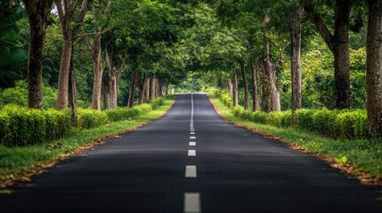 Fototapeta premium A high-res photo of a straight, well-maintained road disappearing into the horizon, flanked by vibrant greenery, symbolizing a clear path to solid success in 2025.