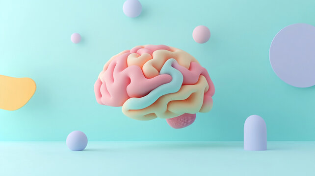 A colorful 3D render of brain surrounded by abstract shapes creates vibrant and imaginative atmosphere. This artistic representation highlights creativity and innovation