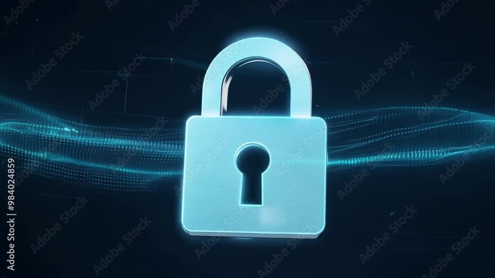 Poster A metallic lock appears on a dark background filled with blue glowing lines, illustrating the concept of digital security in an interconnected world.