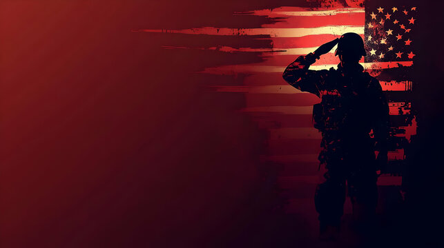 A Silhouette of a Soldier Saluting in Front of an Abstract American Flag Background, a Patriotic Illustration for a Memorial Day or Veterans Day Celebration