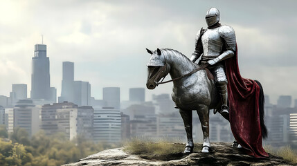 Obraz premium A Knight in Shining Armor Rides a Steed Across a Rocky Outcropping overlooking a Blurred Cityscape on a Cloudy Day, with a Red Cape Flowing in the Wind