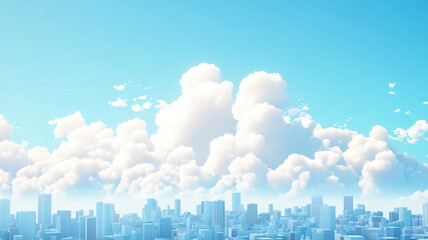 A serene view of fluffy white clouds in bright blue sky above bustling cityscape, creating peaceful contrast between nature and urban life