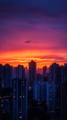 Fototapeta premium sunset cityscape featuring bold orange and purple skies that beautifully contrast with the silhouettes of high-rise buildings