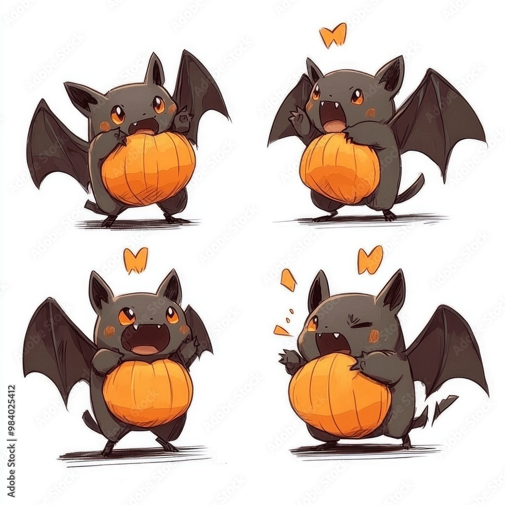 Sticker Cute Cartoon Bats Holding Pumpkins for Halloween