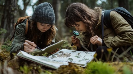 A photorealistic image of students exploring a forest, focused on identifying different types of lichens, with magnifying glasses in hand and notebooks filled with sketches and notes.