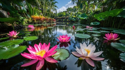 A tranquil lotus pond with vibrant pink and white flowers, surrounded by tropical greenery, reflecting the peaceful energy of nature.