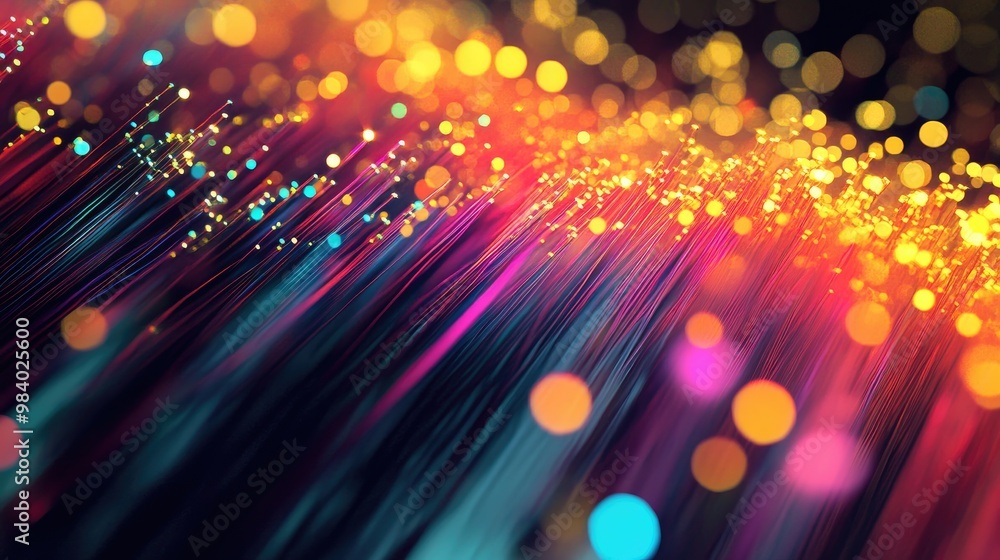 Poster abstract view of colorful fiber optic strands, with light trails symbolizing the flow of data across