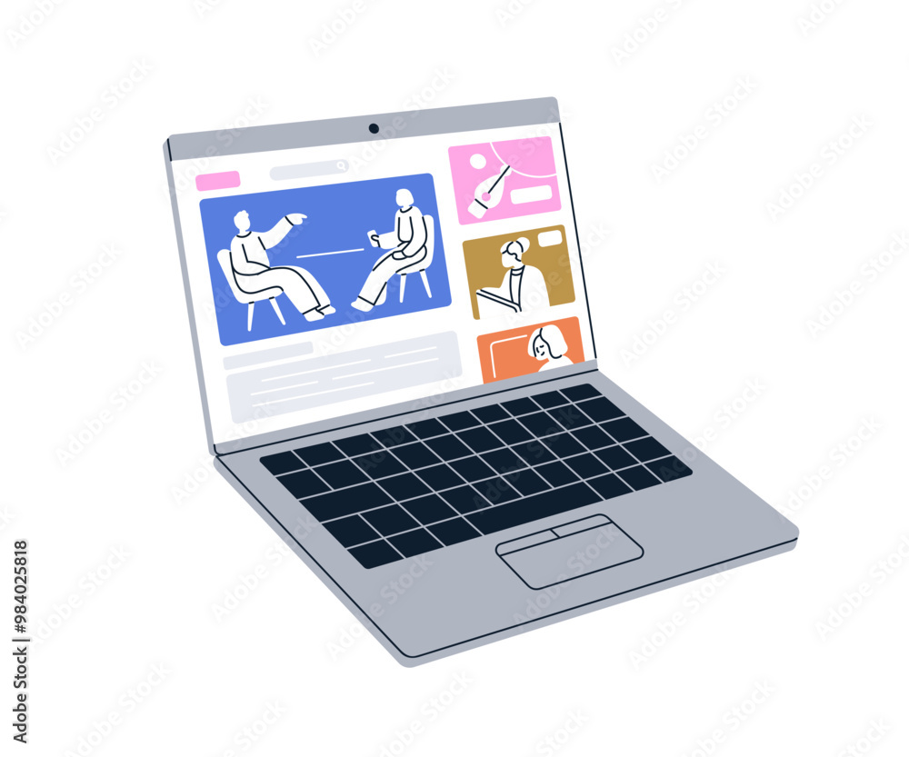 Aufkleber Laptop screen displaying online video interview, streaming content on digital platform. Internet web-site interface on notebok computer. Flat vector illustration isolated on white background