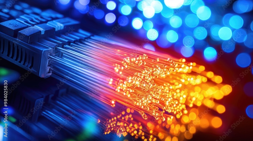Poster fiber optic cables glowing brightly in a server room, highlighting the speed and efficiency of moder