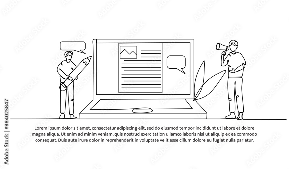 Poster continuous one line design of social media information. minimalist style vector illustration on whit
