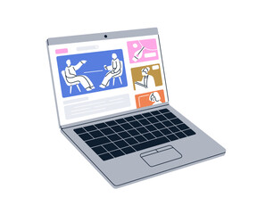 Laptop screen displaying online video interview, streaming content on digital platform. Internet web-site interface on notebok computer. Flat vector illustration isolated on white background