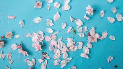 Sakura blossom petals in sky, pink cherry flowers, spring floral backg
round, nature landscape banner