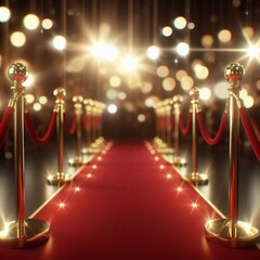 red carpet with golden poles and lights over blurred bokeh background