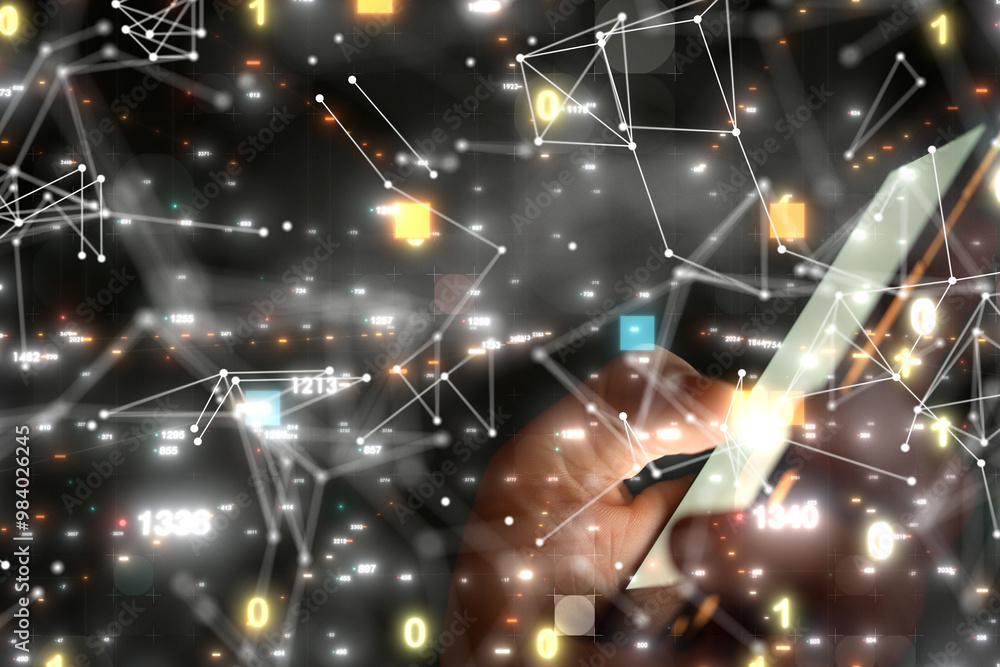 Poster Neural network 3D illustration. Big data and cybersecurity