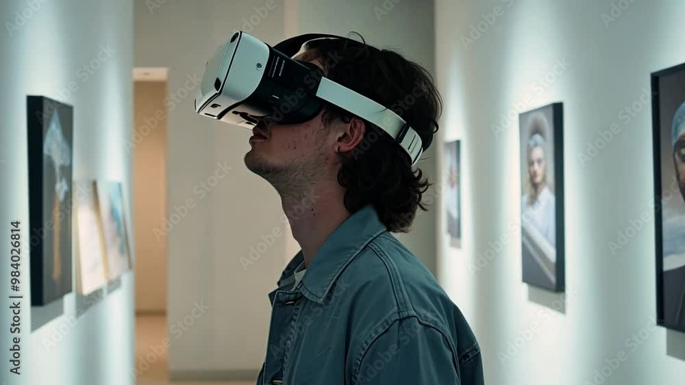 Poster a person wearing a virtual reality headset stands in an art gallery, engaging with digital art displ