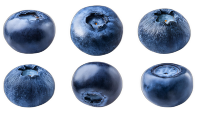  Mirtilli dall'alto- Sei set di mirtilli su uno sfondo bianco. Ogni set include un mirtillo _1(234)