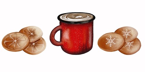 Enjoy a cozy moment with a hot cup of coffee, lemon slices, and freshly baked cookies