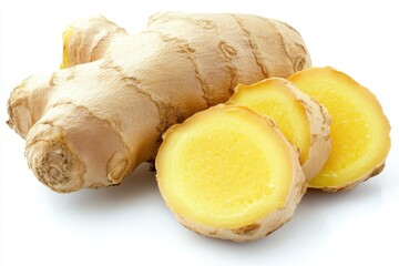 Generate an image of a whole ginger root alongside two slices showing the interior