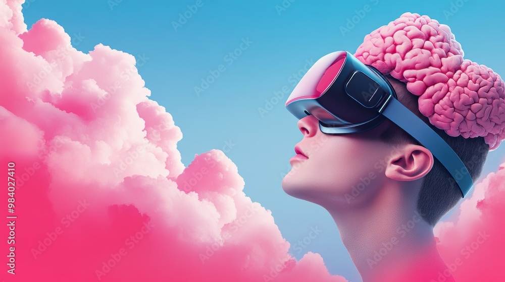 Poster a conceptual illustration of a person accessing virtual reality with a brain computer interface, rep