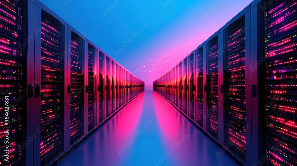 Canvas Prints a panoramic view of a data center with rows of servers and network equipment.