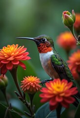 Fototapeta premium Close up of a colorful hummingbird perched among vibrant flowers in tropical rainforest