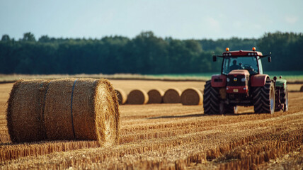 Harvesting hay bales in sunny field, red tractor works diligently in background, showcasing beauty of rural agriculture