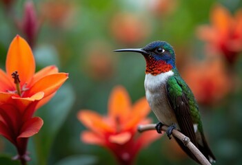 Fototapeta premium Close up of a colorful hummingbird perched among vibrant flowers in tropical rainforest