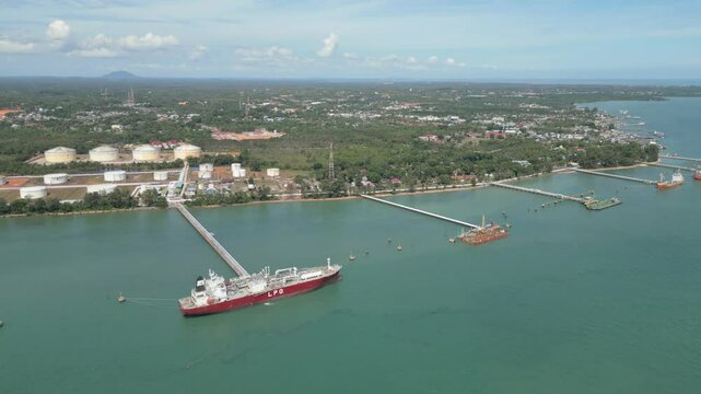 Aerial view of the jetty at Pertamina Tanjung Uban port