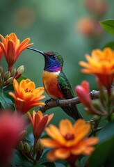 Close up of a colorful hummingbird perched among vibrant flowers in tropical rainforest