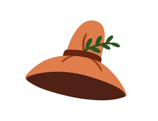 Wide-brim hat with natural leaf branch and hatband decoration. Headwear accessory. Head wear, tall cap, headdress for summer gardening. Flat graphic vector illustration isolated on white background