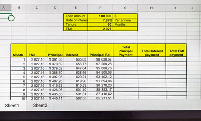 Shot of an excel sheet on tablet screen showing bank loan amortization table. Finance